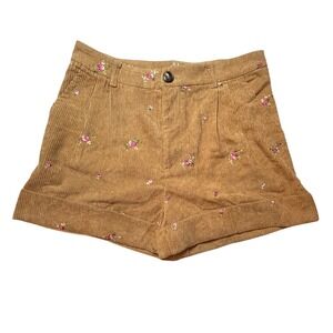 Floral Corduroy Shorts L Brown High-waisted‎ Rolled Hem Embroidered Earthy Fairy